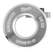 Circular metal bushing with central hole, labeled "Milwaukee," "RHH/RHH/USE," and "3/0 CU" with two small attachment tabs.