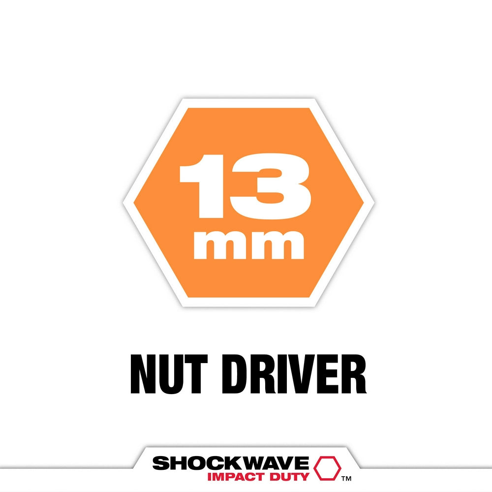 Orange hexagonal 13mm magnetic nut driver with Shockwave Impact Duty branding.