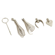 Five metal drain cleaning tools including wire loop, two spring augers, curved claw, and flat scoop attachment.