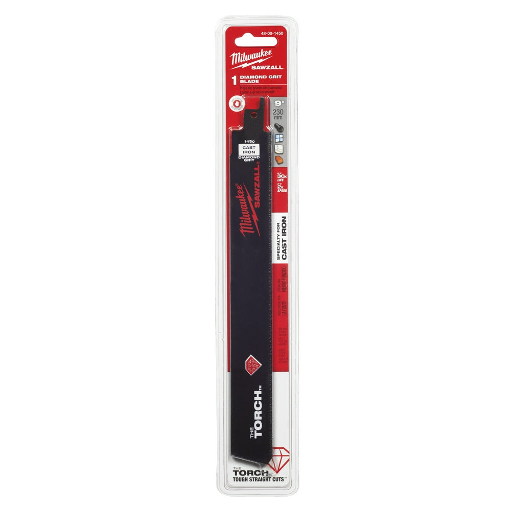 Milwaukee 9-inch diamond grit SAWZALL blade with black and red packaging in clear retail blister.