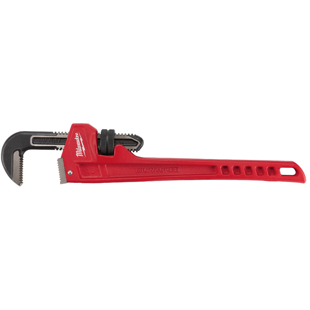 Red and black steel pipe wrench with adjustable jaw and serrated grip handle.