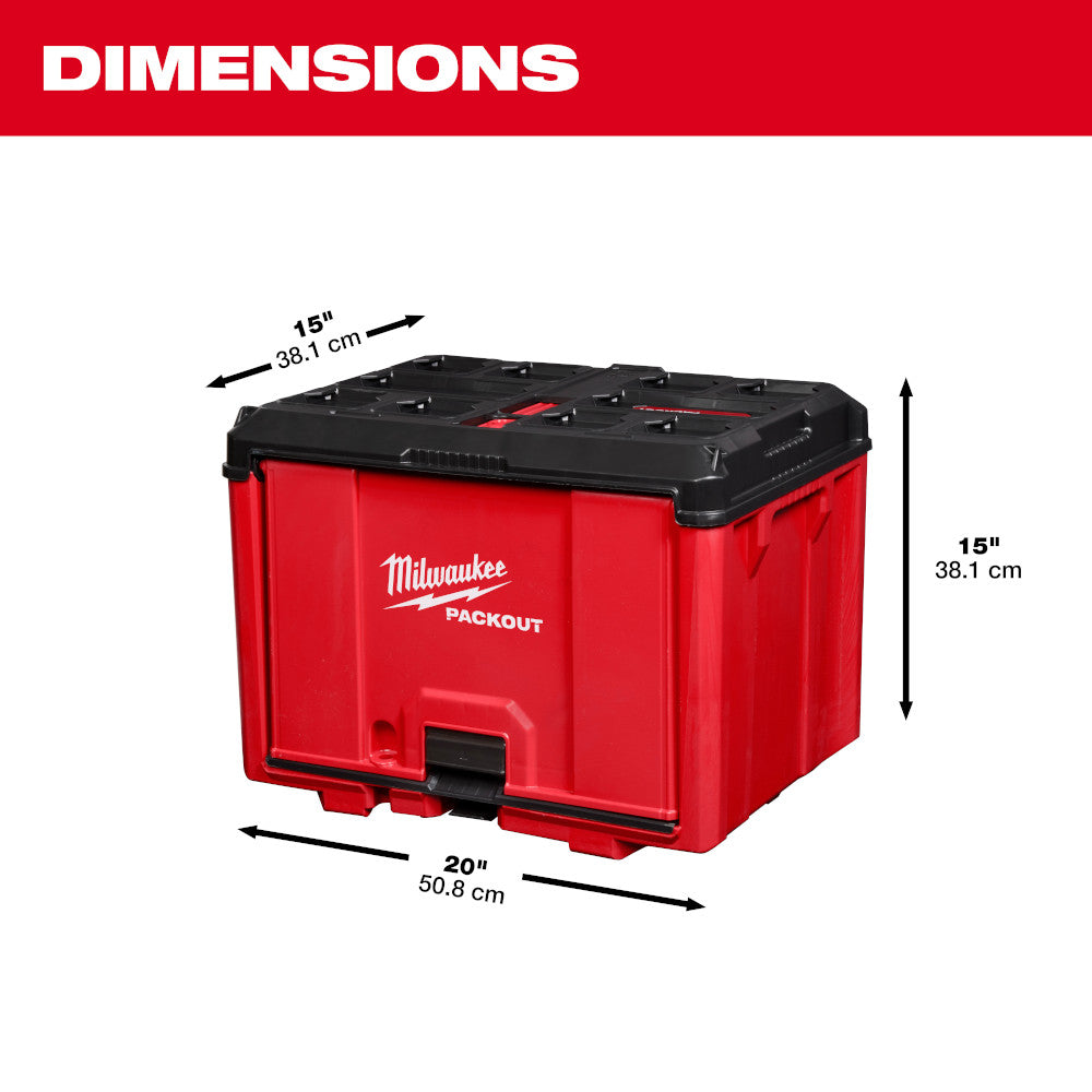 Red and black Milwaukee PACKOUT cabinet with dimensions marked: 20" width, 15" depth, and 15" height.