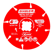 Red Diablo diamond-rimmed metal cut-off disc, 4.5 inches, with X-Lock arbor attachment and product specifications.