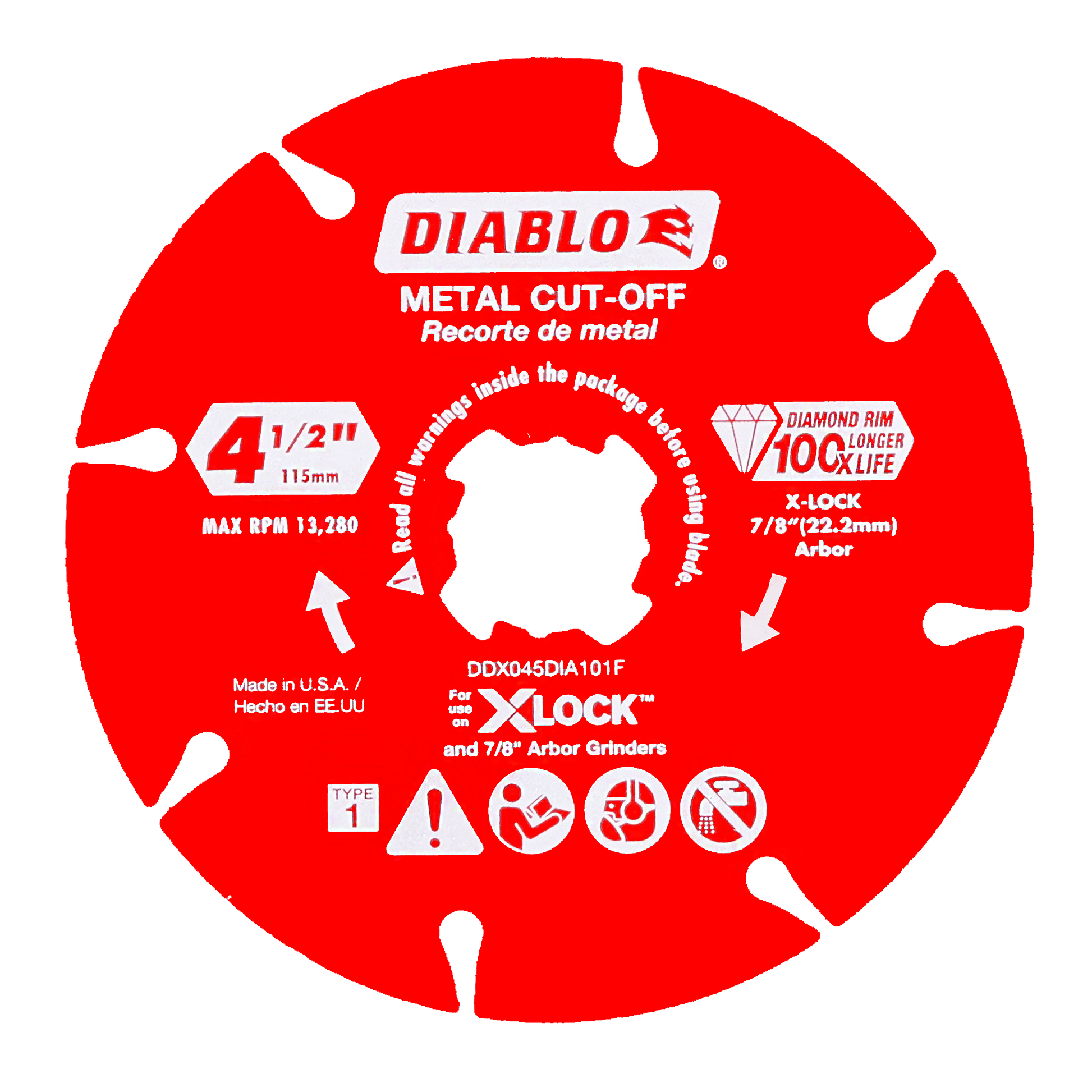 Red Diablo diamond-rimmed metal cut-off disc, 4.5 inches, with X-Lock arbor attachment and product specifications.