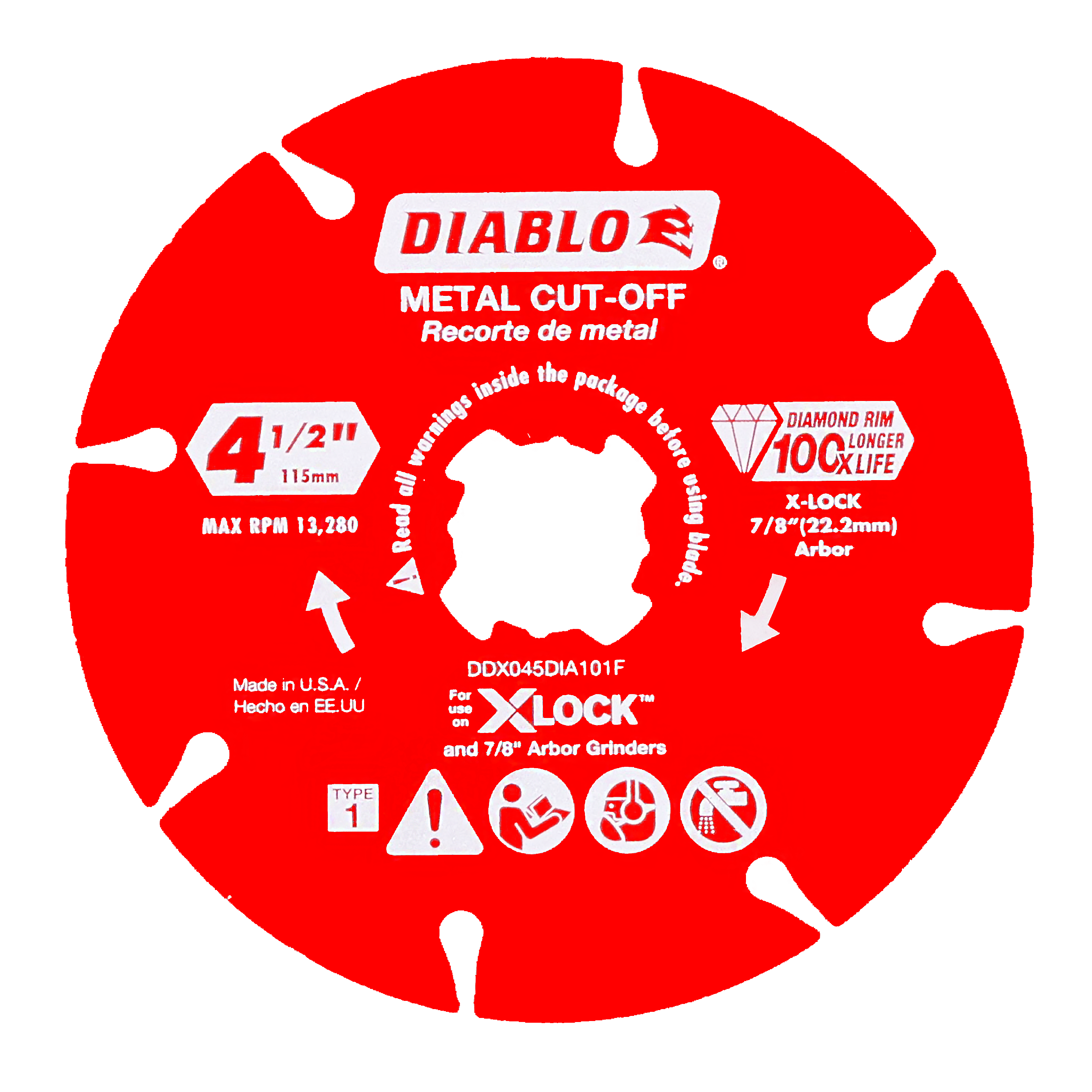 Red Diablo diamond-rimmed metal cut-off disc, 4.5 inches, with X-Lock arbor attachment and product specifications.