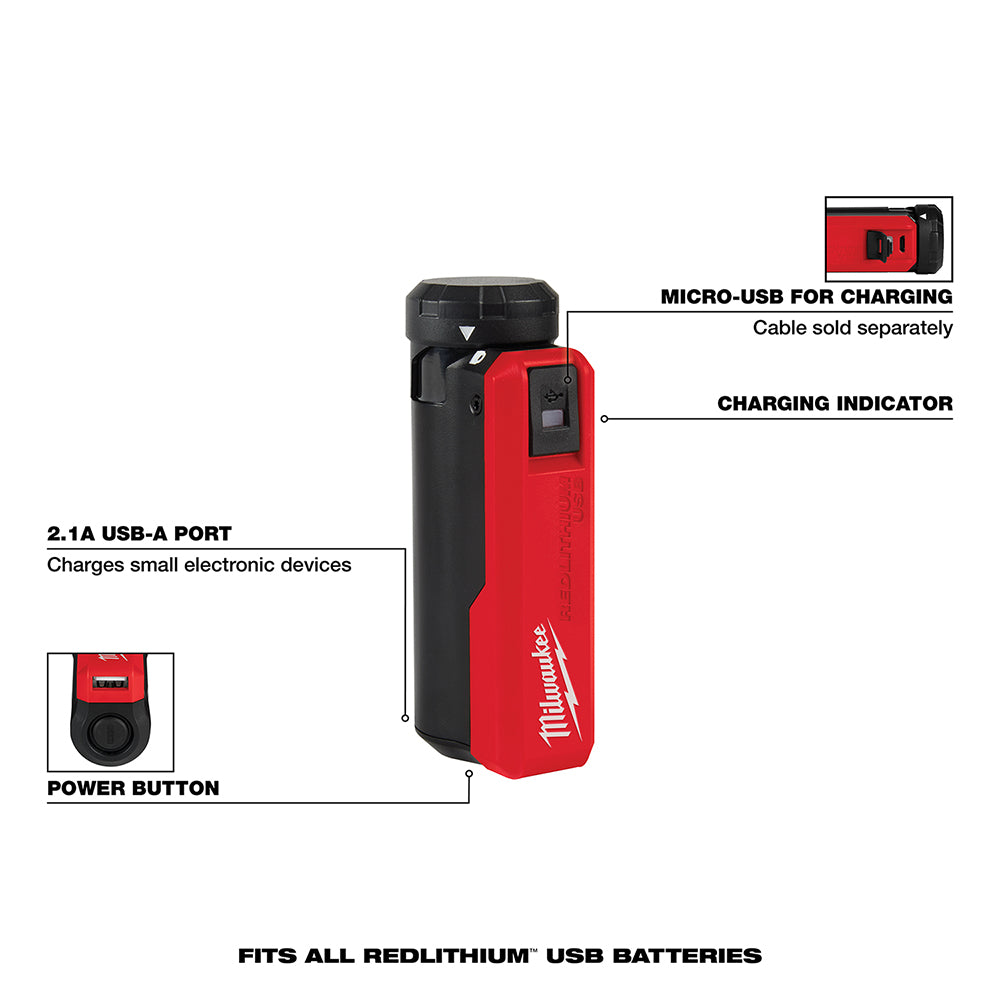 Milwaukee REDLITHIUM USB charger with red and black body, micro-USB port, 2.1A USB-A port, power button, and charging indicat