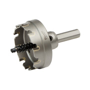 Milwaukee 2-inch carbide hole cutter with cylindrical shank and toothed cutting head with center pilot bit.