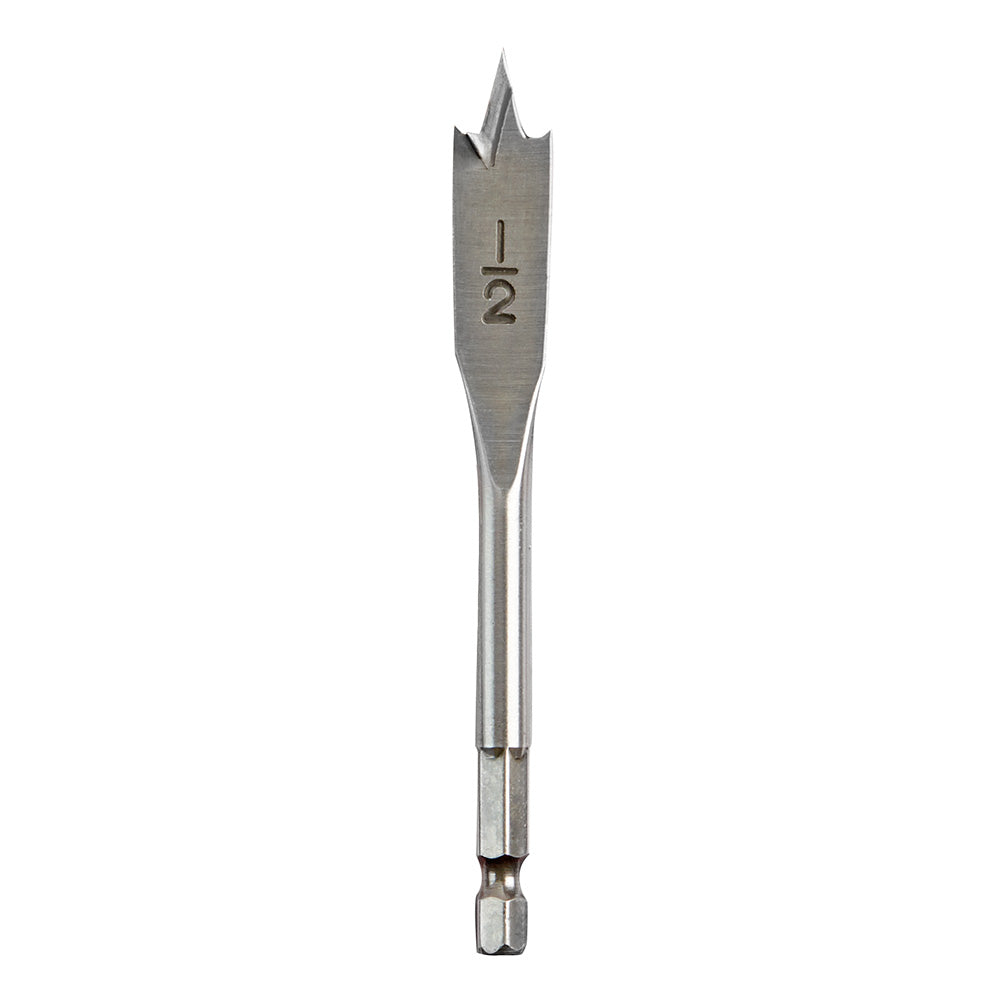 Steel flat boring bit with pointed tip and size marking "1/2" on shaft, hex drive end.