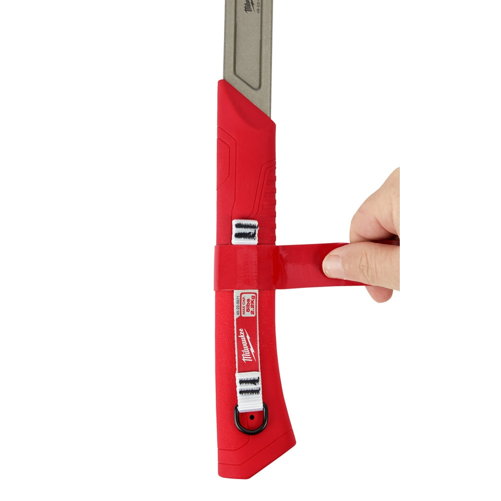 Red D-ring web attachment with adjustable strap and metal hardware, shown being adjusted by hand.