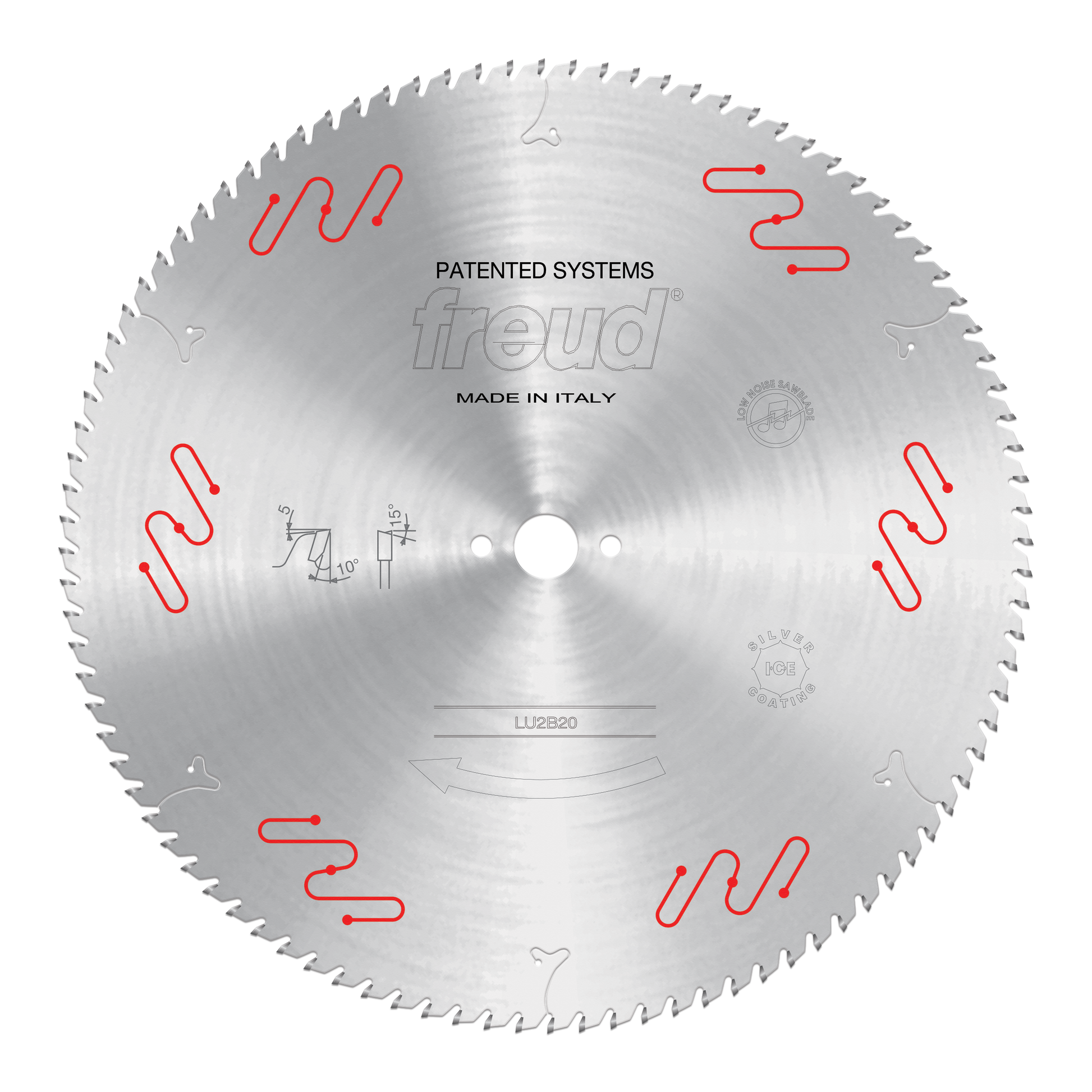 Freud LU2B20 circular saw blade with carbide-tipped teeth and red wavy markings on silver steel disc.
