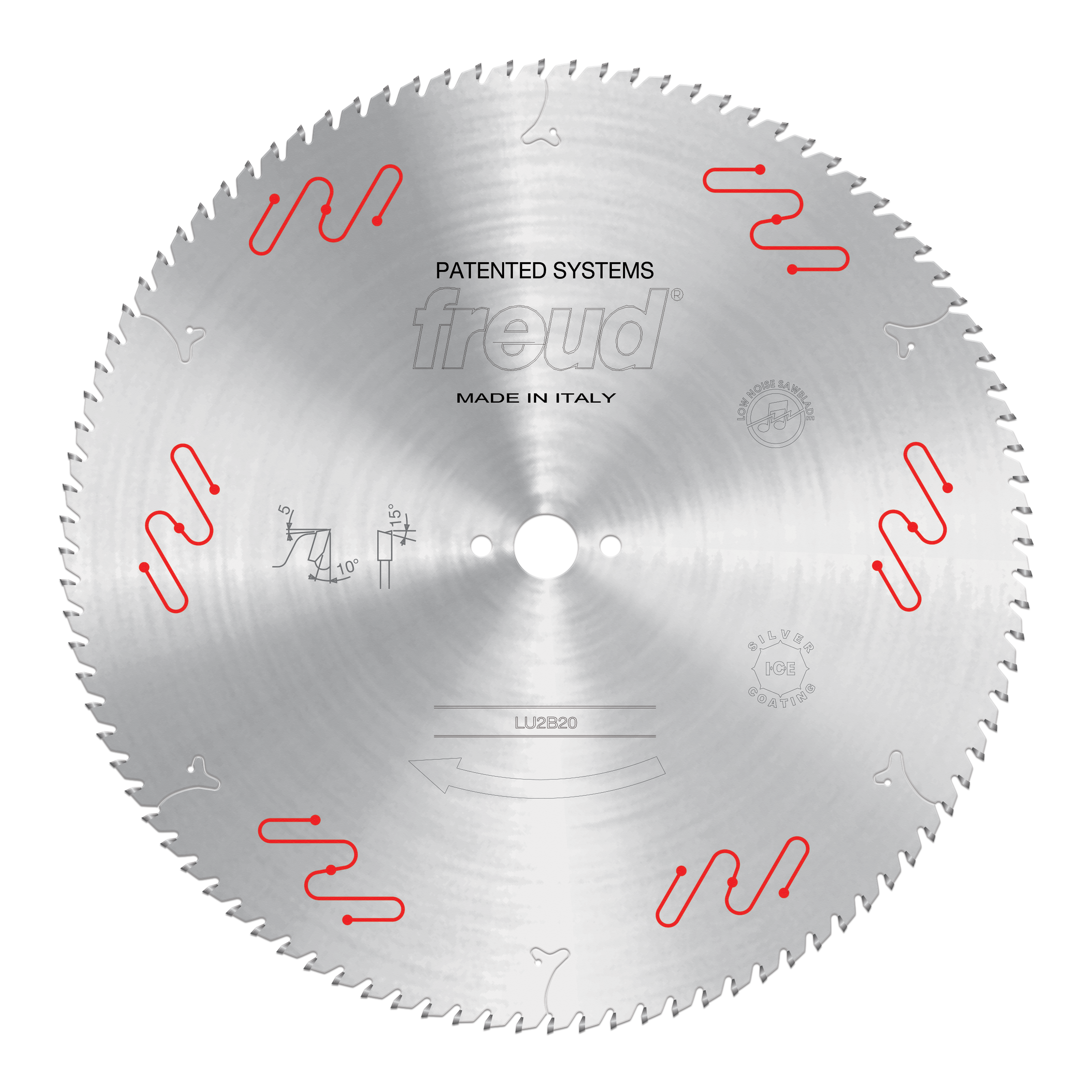 Freud LU2B20 circular saw blade with carbide-tipped teeth and red wavy markings on silver steel disc.