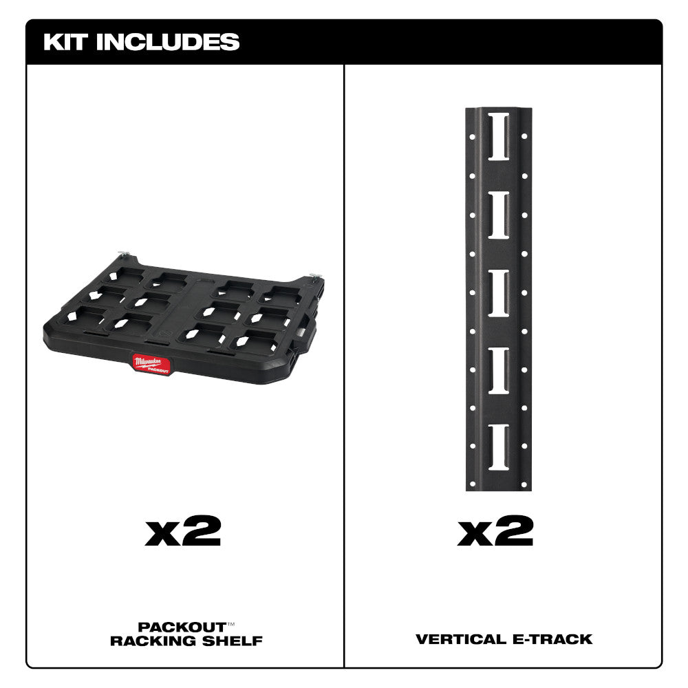 Black PACKOUT racking kit including two racking shelves and two vertical e-track rails with mounting holes.