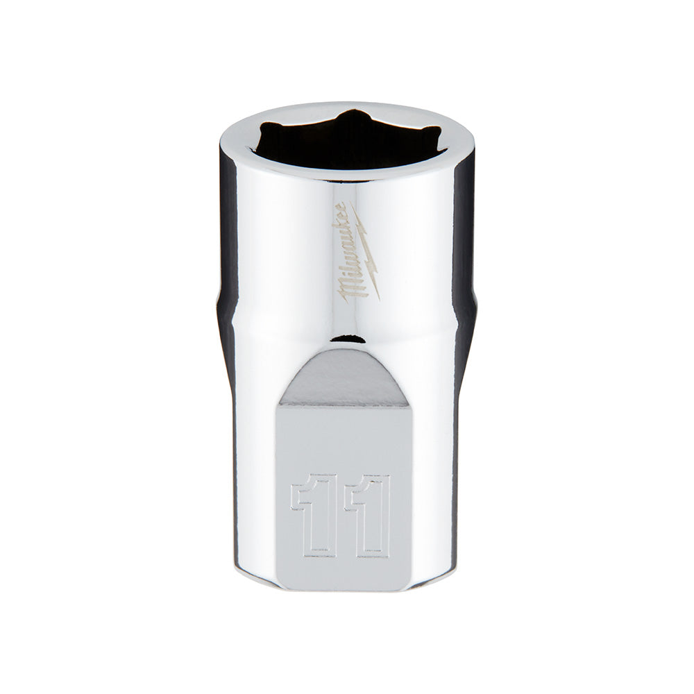 Chrome 3/8 inch drive socket with 6-point hexagonal opening and black rubber grip band, labeled 11mm.