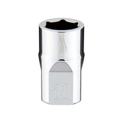 Chrome 3/8 inch drive socket with 6-point hexagonal opening and black rubber grip band, labeled 11mm.