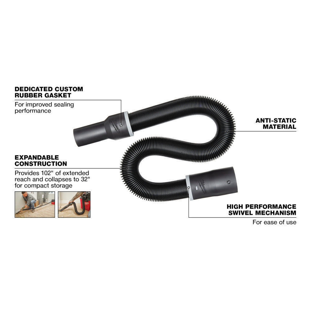 Black expandable hose with rigid couplings at each end and anti-static ribbed tubing in extended position.
