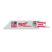 Milwaukee SAWZALL reciprocating saw blade with serrated cutting edge and mounting slots on gray metal body.