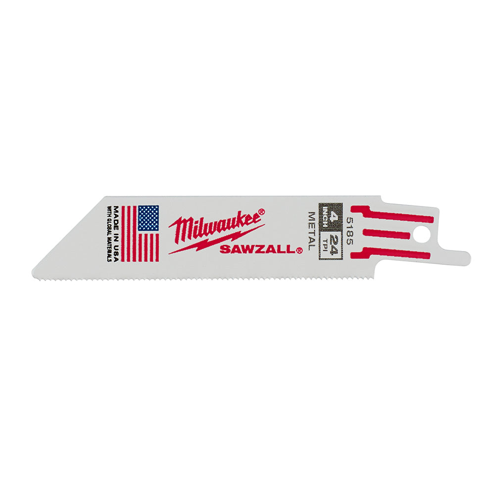 Milwaukee SAWZALL reciprocating saw blade with serrated cutting edge and mounting slots on gray metal body.