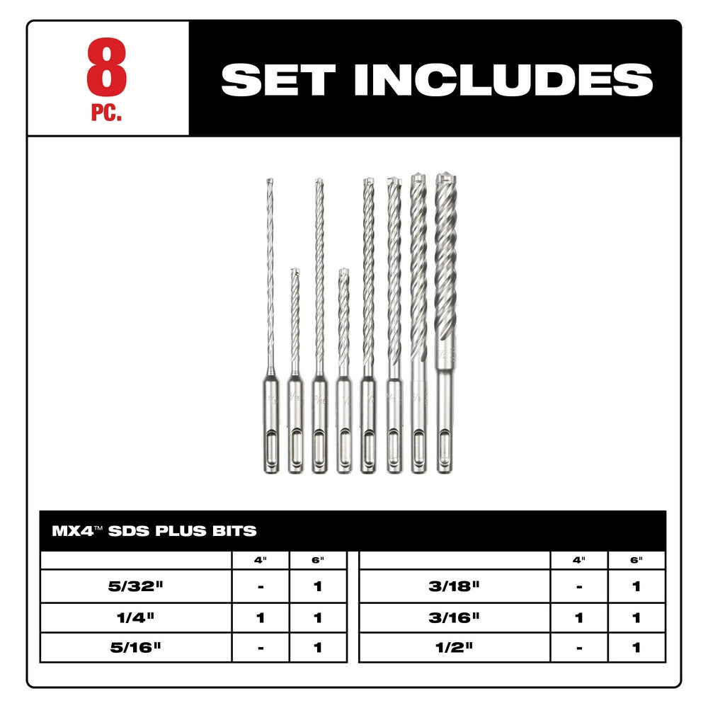 Eight SDS Plus MX4 drill bits in varying sizes with spiral flutes and gray shanks arranged in a row.