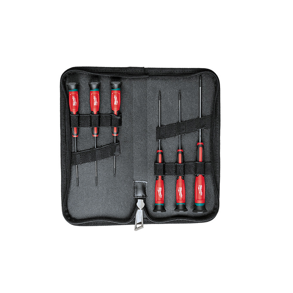 Six Torx precision screwdrivers with red and black handles organized in black zippered case.