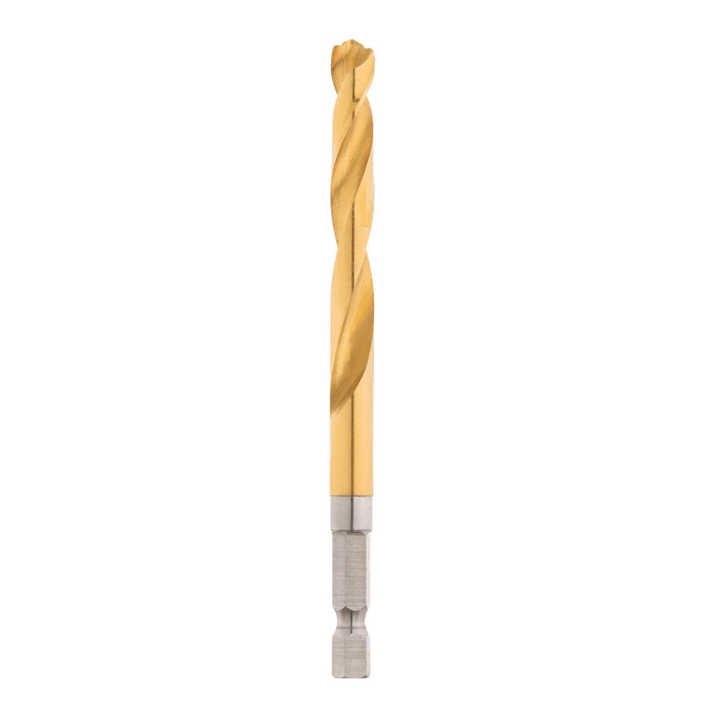 Gold titanium-coated twist drill bit with hex shank, 5/16 inch diameter.