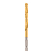 Gold titanium-coated twist drill bit with hex shank, 5/16 inch diameter.