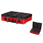 Red and black Milwaukee PACKOUT tool case with black foam insert and metal latches.