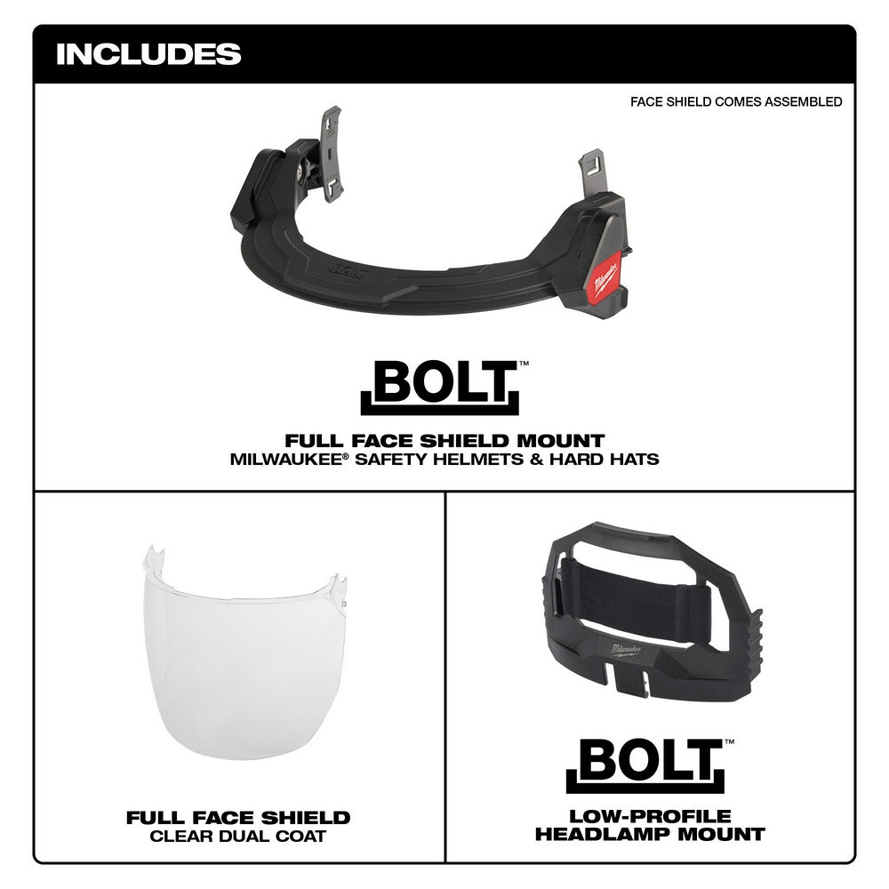 Milwaukee BOLT full face shield mount with clear dual coat lens and low-profile headlamp mount for safety helmets.