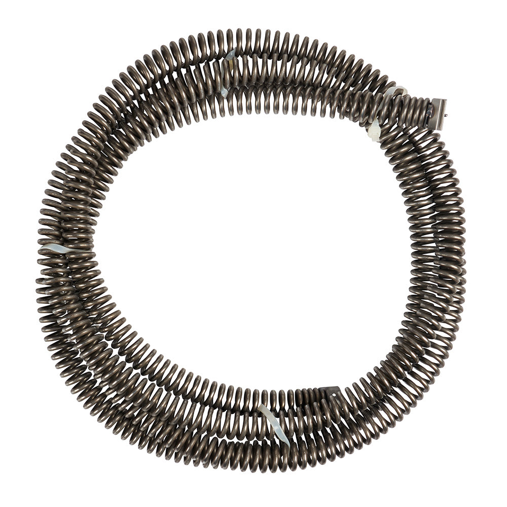 Coiled dark metal sectional cable with open wind design and connector fittings on ends.