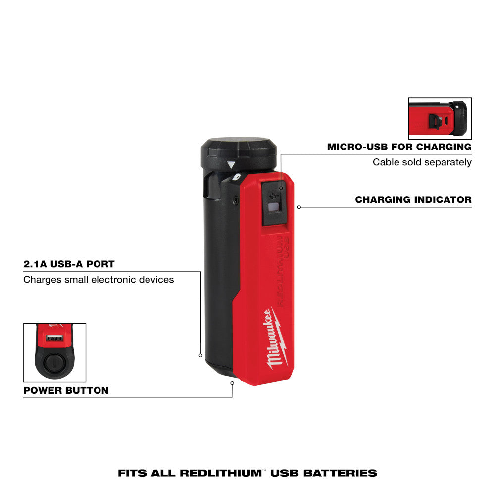 Milwaukee REDLITHIUM USB charger with red and black housing, featuring 2.1A USB port, power button, micro-USB charging port, 