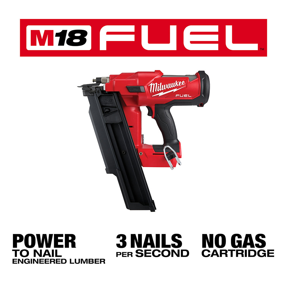 Red and black Milwaukee M18 FUEL 21-degree cordless framing nailer with magazine and trigger grip.