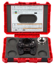 Red Milwaukee case containing black crimping jaw and die set with reference chart and metal ring labeled 16-U750C.