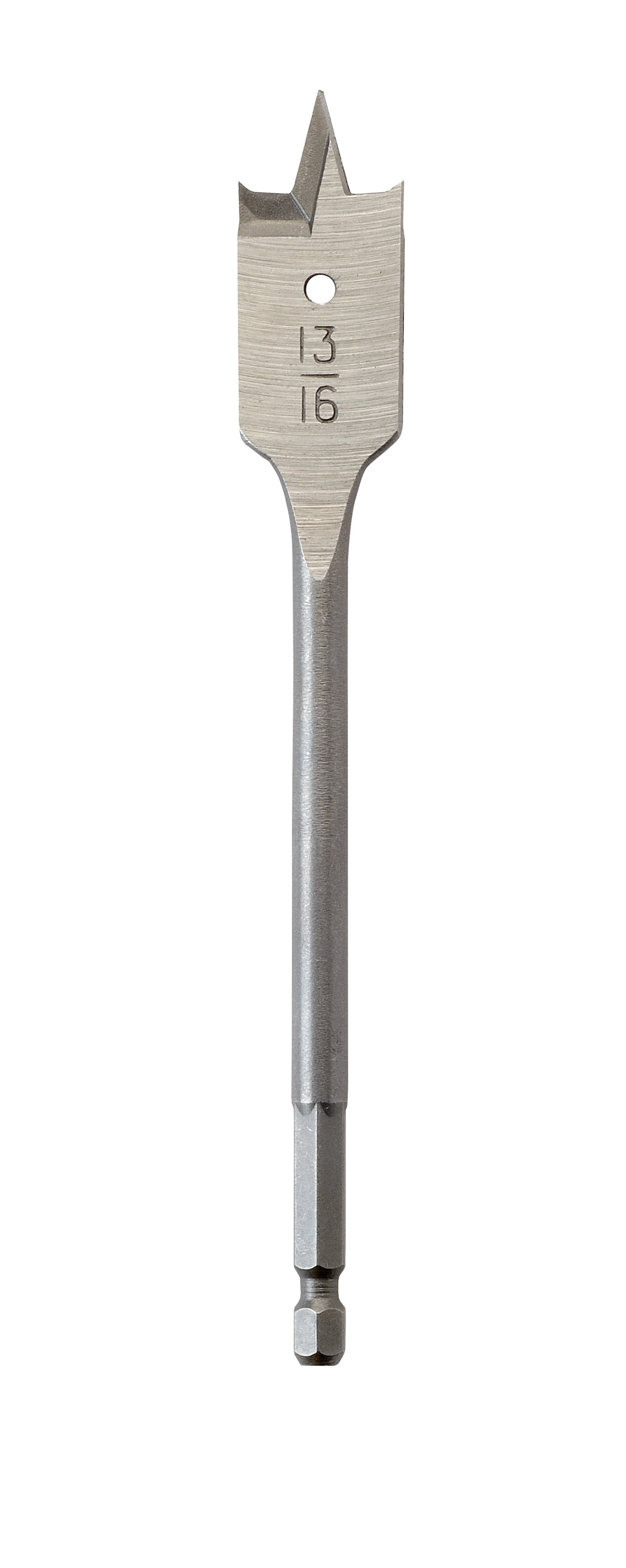 Flat boring bit with pointed tip and measurement markings on shaft, hex shank at bottom.