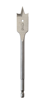 Flat boring bit with pointed tip and measurement markings on shaft, hex shank at bottom.
