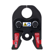 Black and red PEX crimp jaw tool with two circular openings at top, warning labels, and red side handles marked M18.