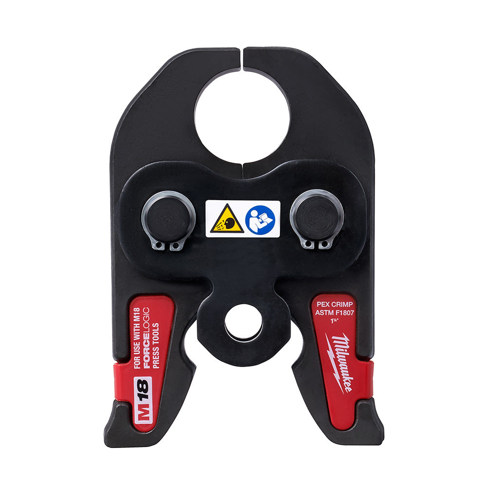 Black and red PEX crimp jaw tool with two circular openings at top, warning labels, and red side handles marked M18.