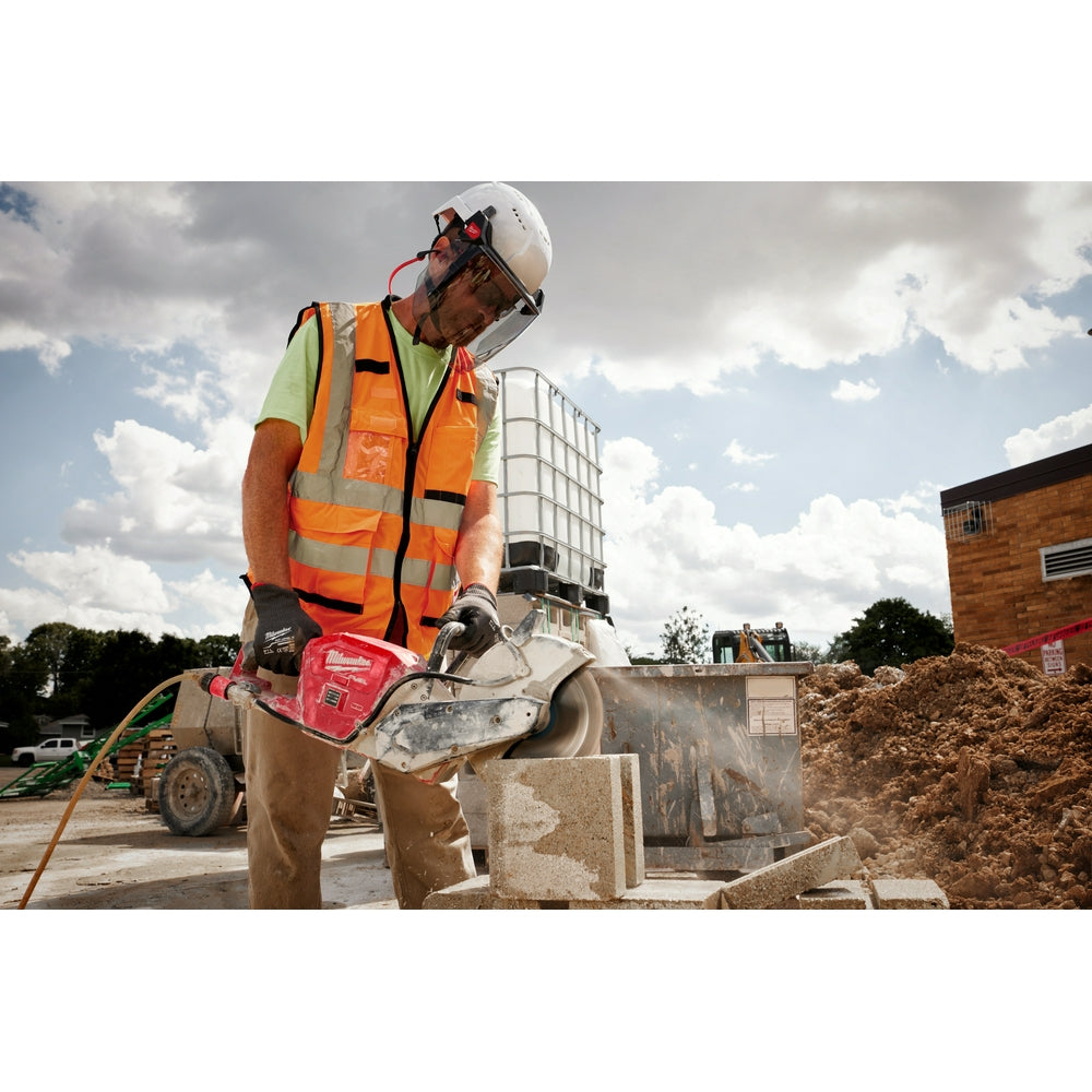 Five gray face shield replacement lenses mounted on white hard hat worn by construction worker.
