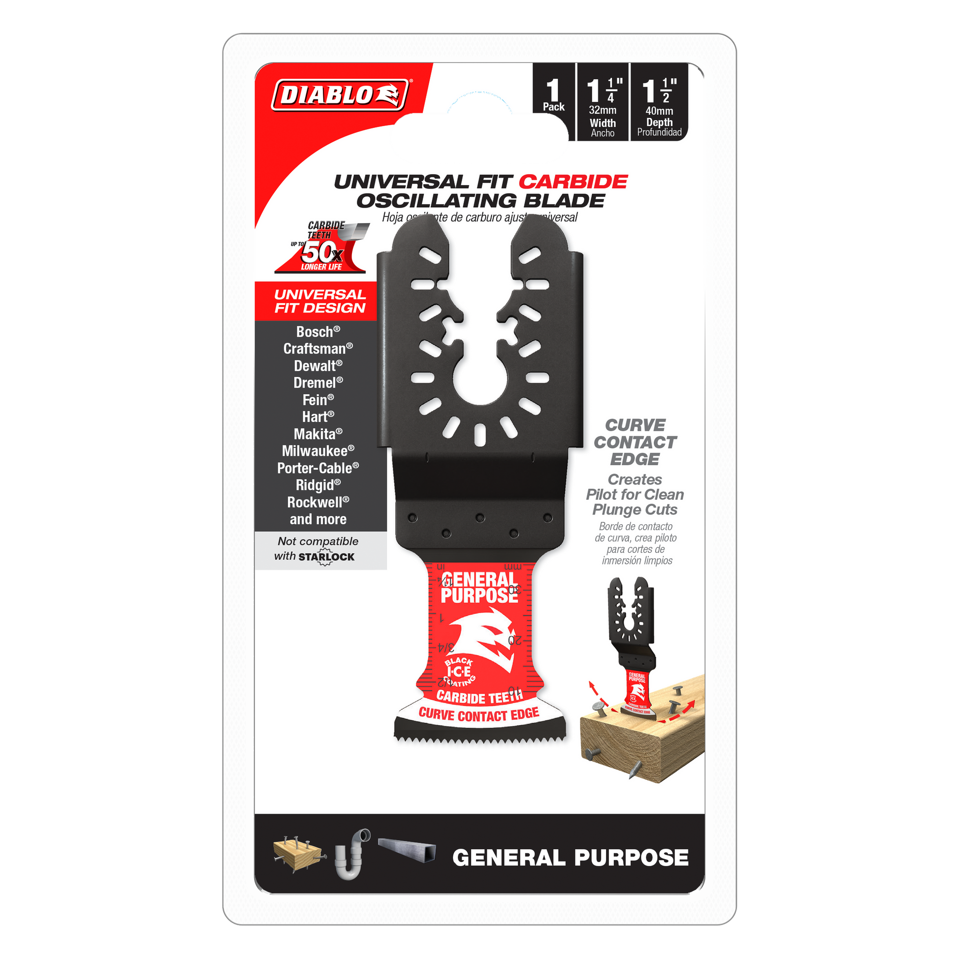 Black carbide oscillating blade with curved contact edge and white oval cutouts, mounted on red Diablo base with product spec