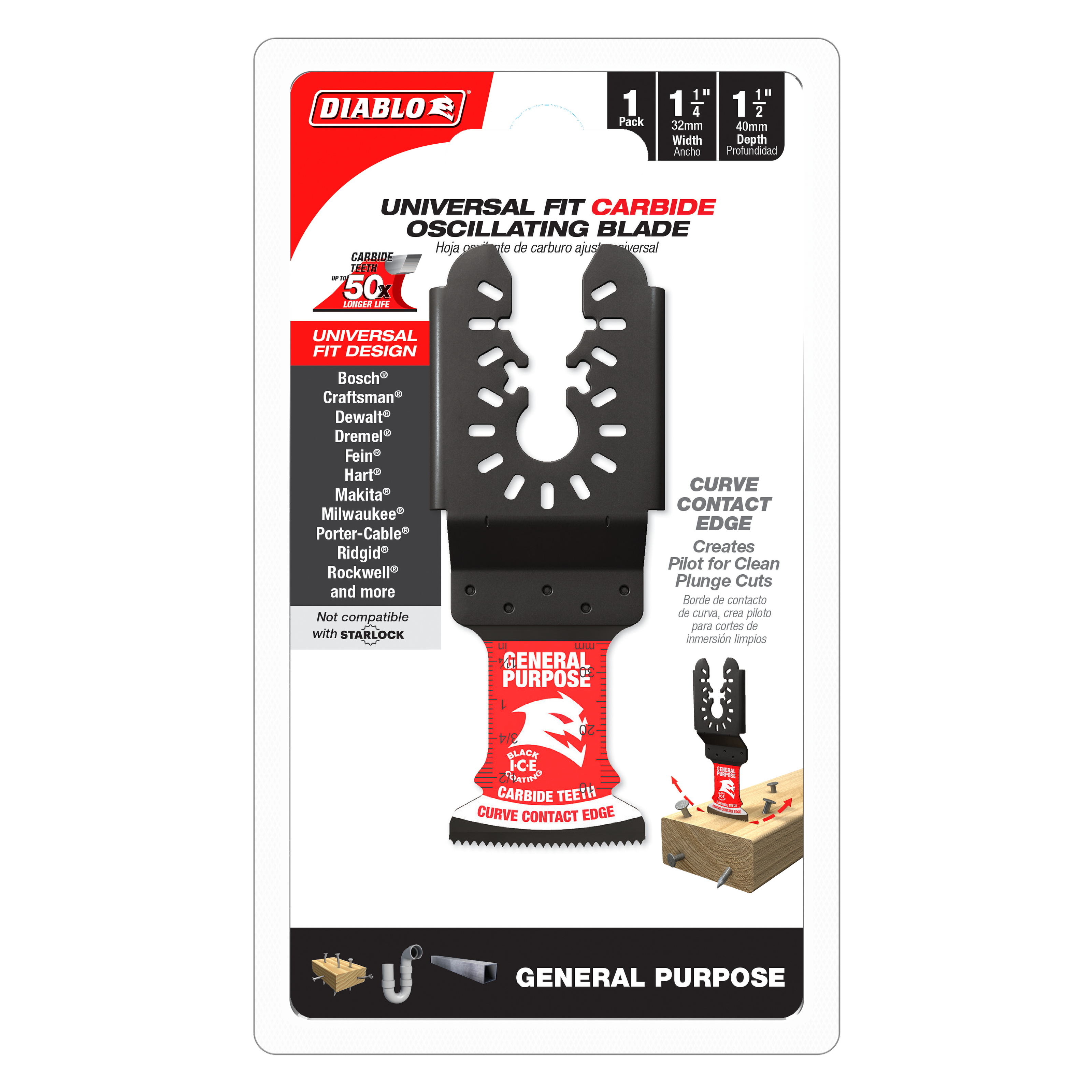 Black carbide oscillating blade with curved contact edge and white oval cutouts, mounted on red Diablo base with product spec