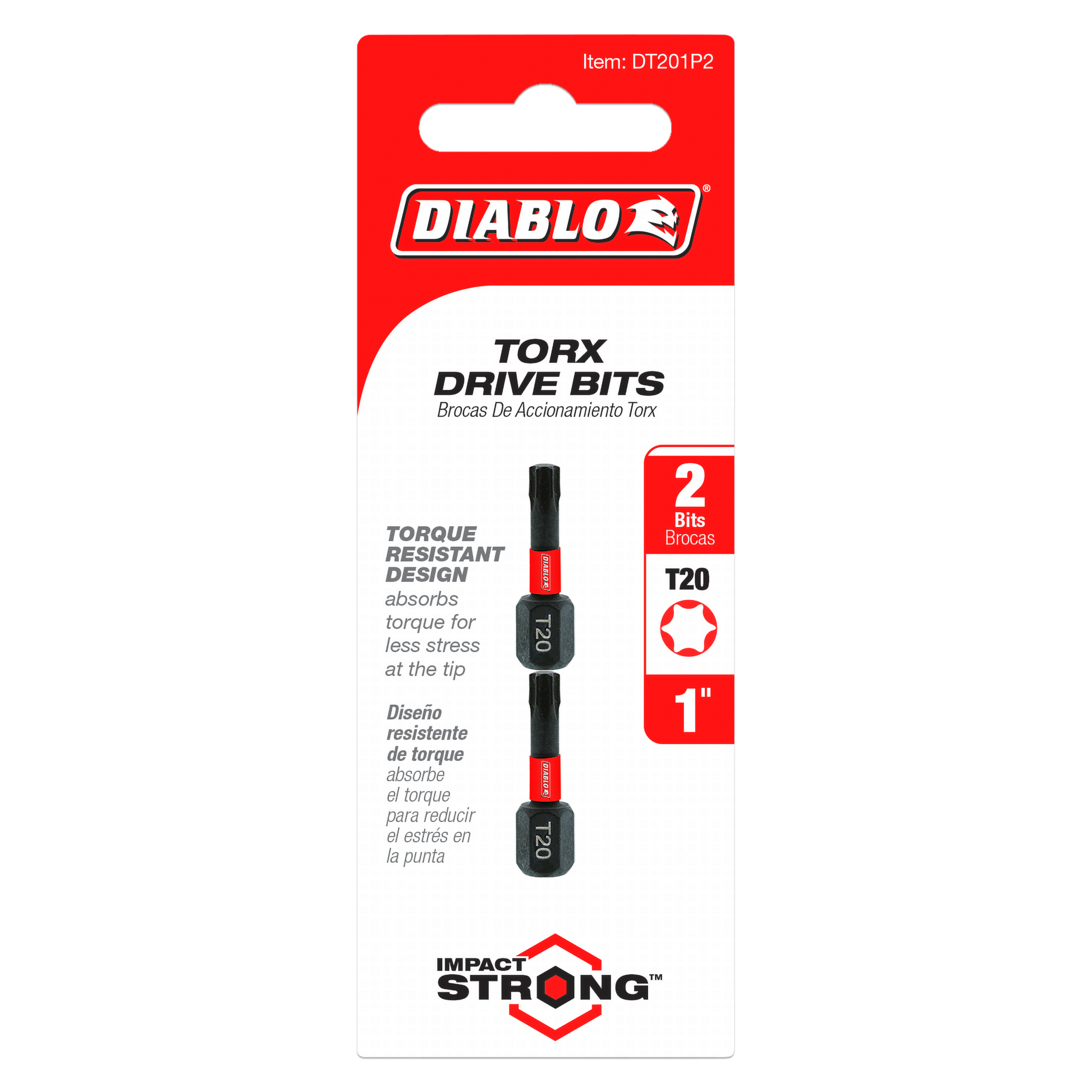 Two black Diablo T20 Torx drive bits, 1 inch length, on red and white packaging card.