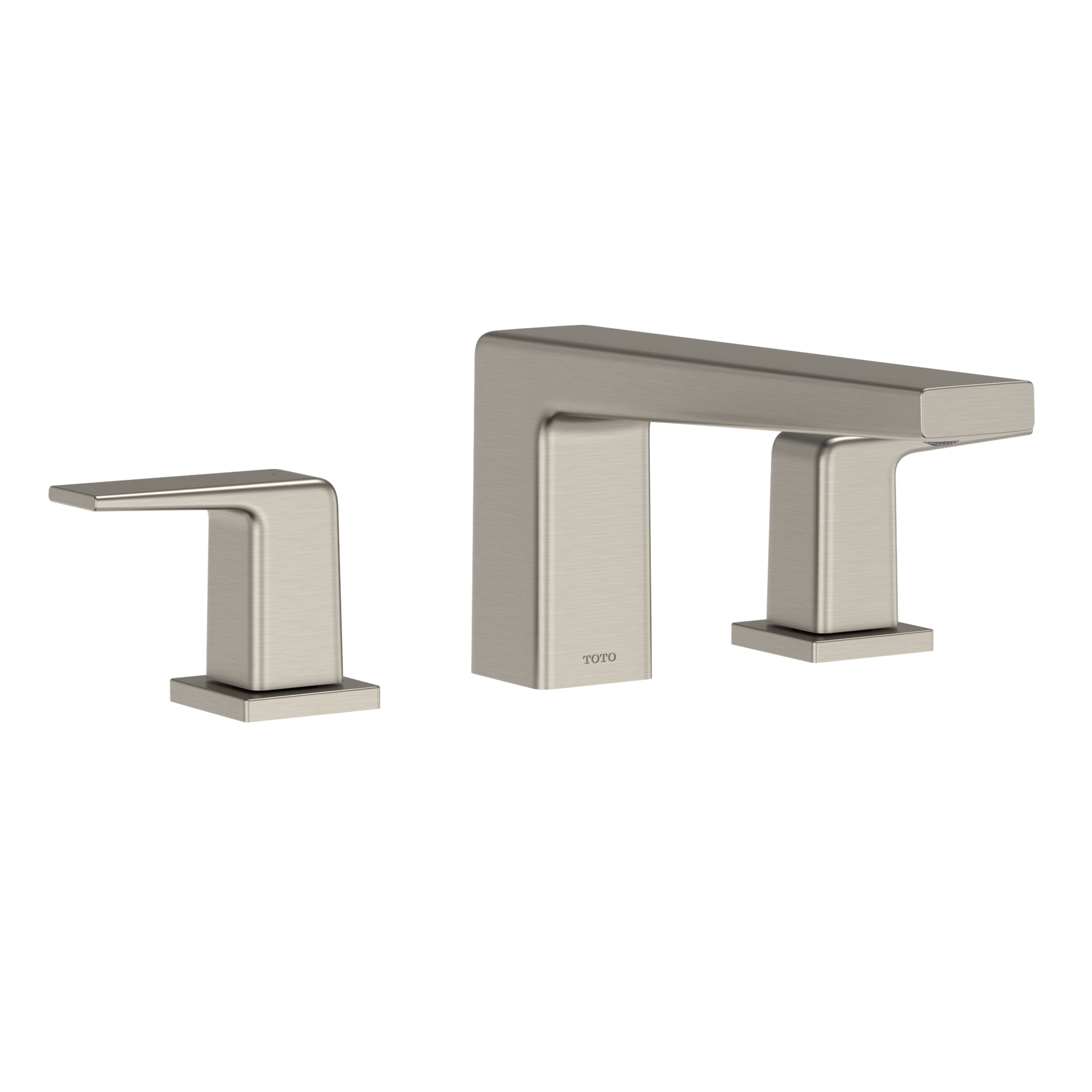 Brushed nickel two-handle roman tub filler with rectangular spout and matching lever handles mounted on deck.
