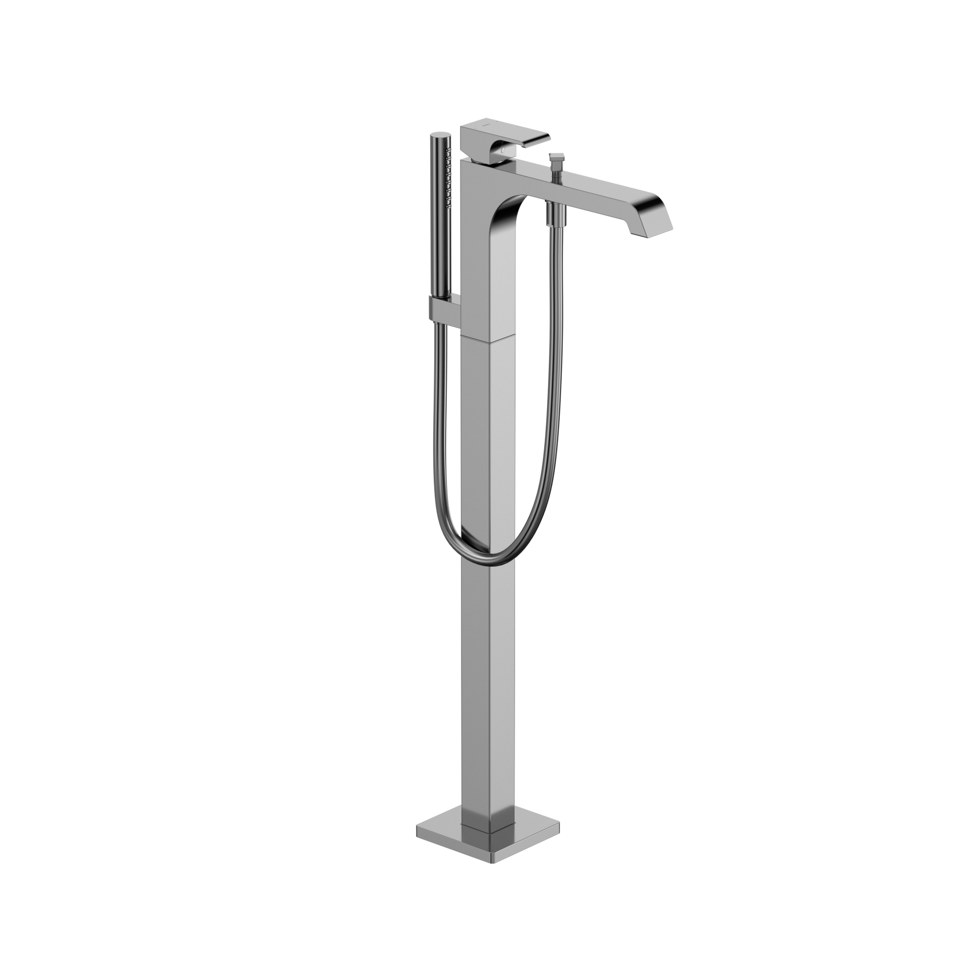 Polished chrome freestanding tub filler with single handle, angled spout, and detachable handshower with hose.