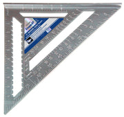 Gray metal rafter square with inch and metric measurements, white cutout areas, and blue manufacturer label on white backgrou