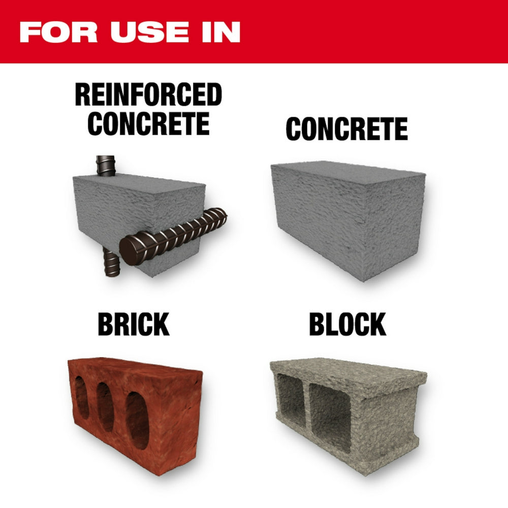 SDS-Max 4-cutter bit shown with application guide displaying use in reinforced concrete, concrete, brick, and block materials