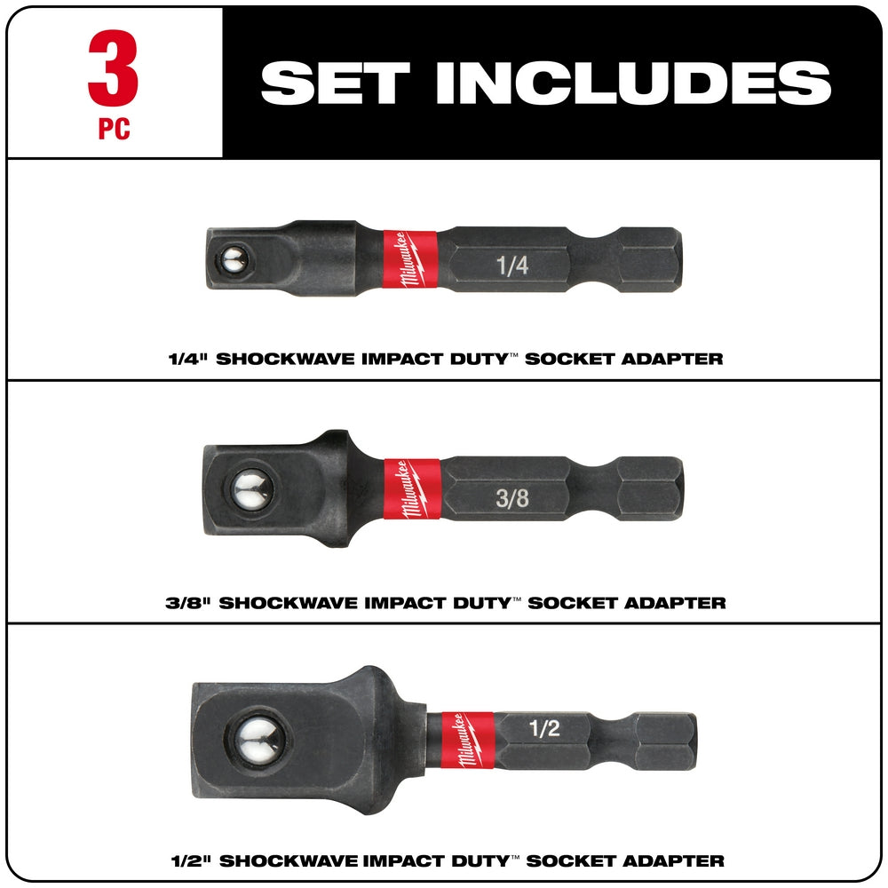 Three black Milwaukee Shockwave socket adapters with hex shanks in 1/4", 3/8", and 1/2" sizes.