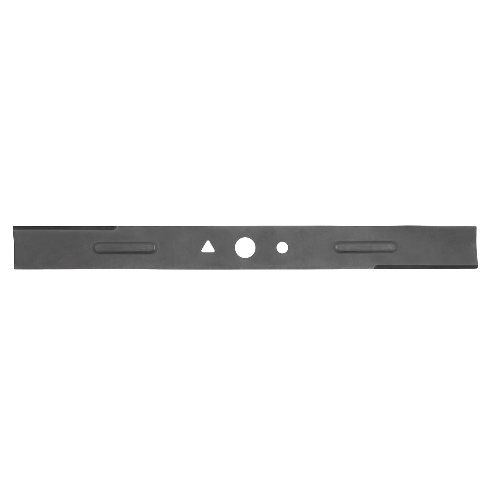 Black metal mower blade with three mounting holes and edge slots for lawn mower use.