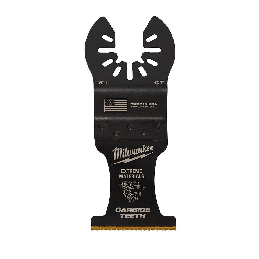 Black Milwaukee oscillating multi-material saw blade with carbide teeth, OPEN-LOK mounting, and gold-colored cutting edge.