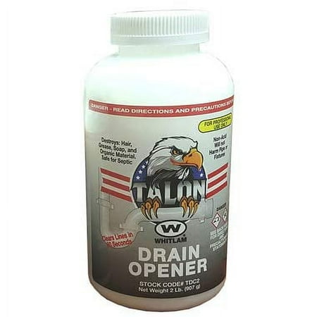 Whitlam TALON Drain Opener, 1lb plastic bottle with white cap and eagle logo label.