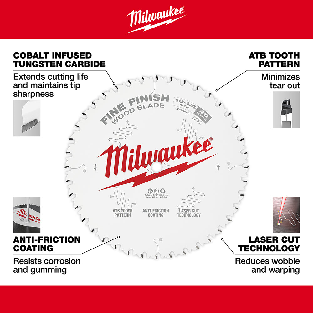 Milwaukee 10-1/4 inch circular saw blade with 40 teeth, featuring cobalt tungsten carbide and ATB tooth pattern.