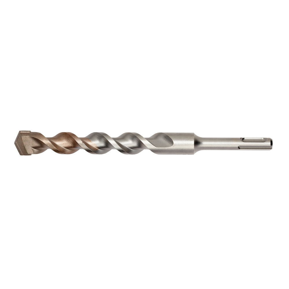 SDS-Plus drill bit with two cutting flutes and spiral shank design in metallic finish.