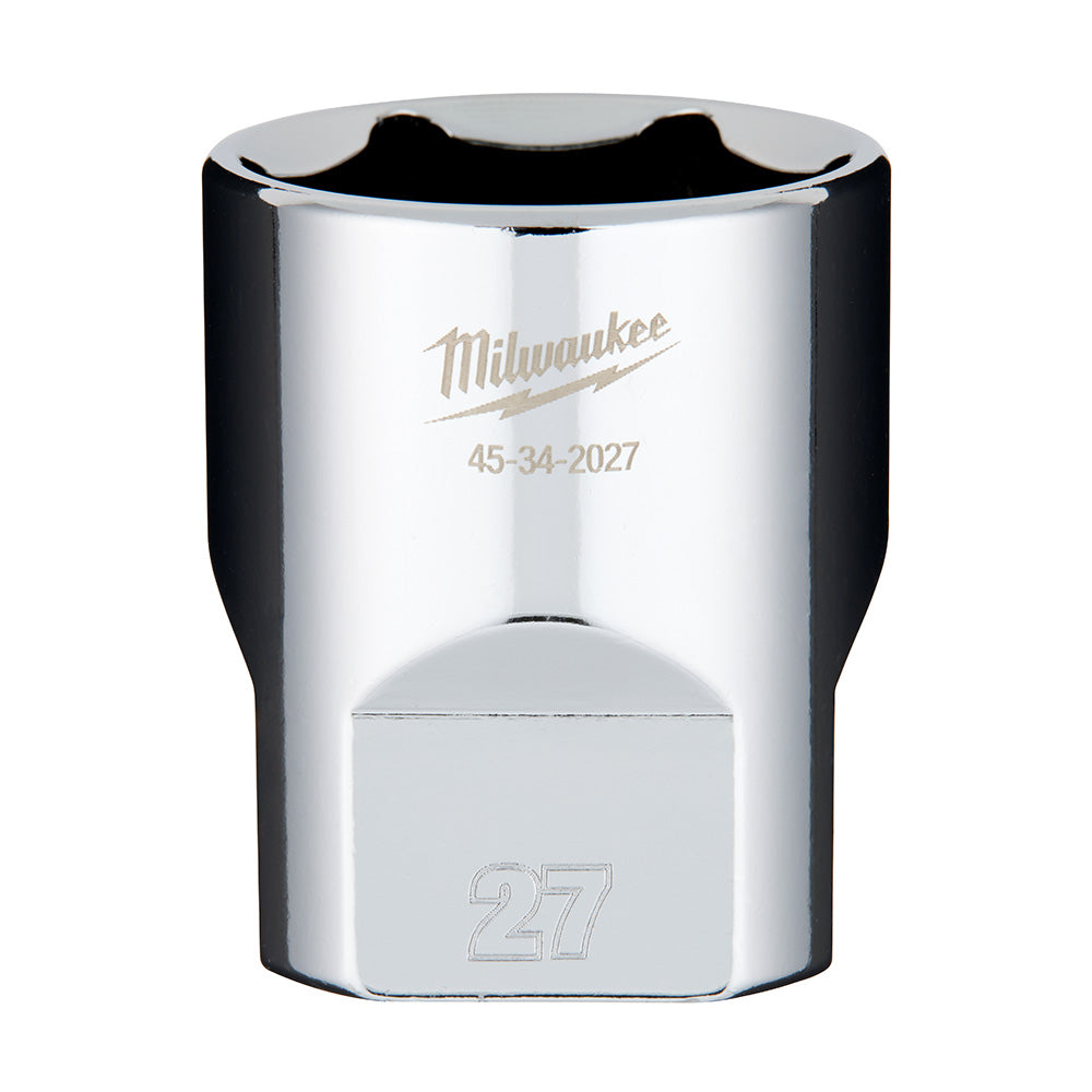 Milwaukee 1/2" drive 27mm socket with polished chrome finish and black grip ring.